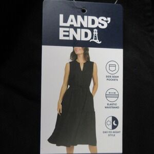 LANDS' END Black Sleeveless Tiered Midi Dress Sz Medium Lyocell Side Pockets NWT